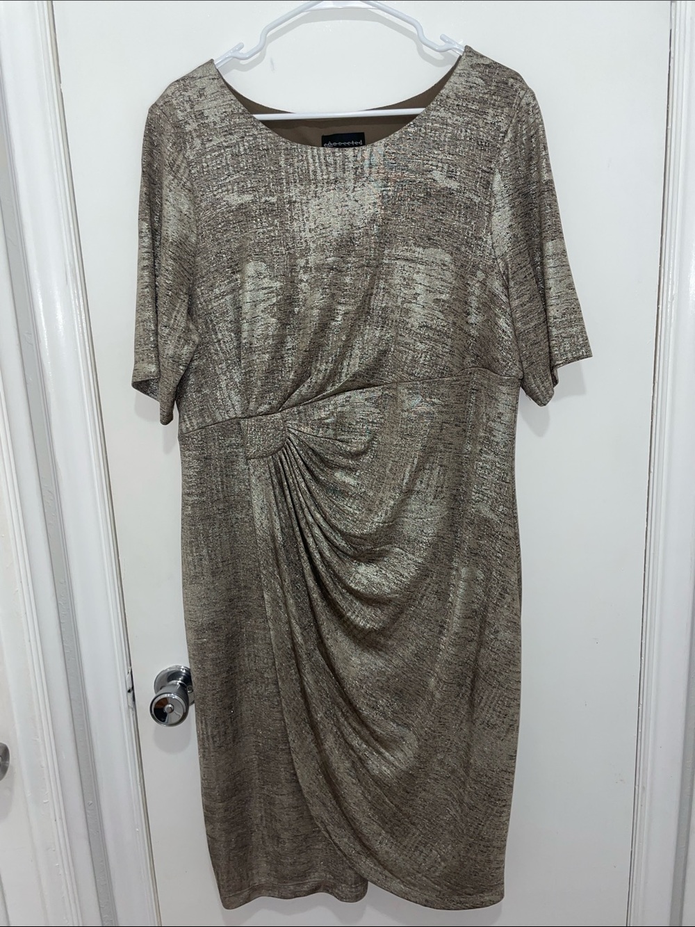 connected apparel Metallic Taupe Ruched Midi Dress
